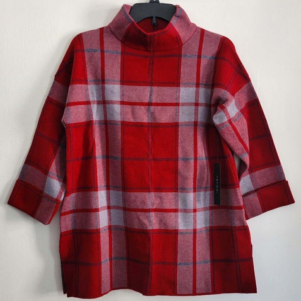 Boxy Plaid Mock Neck Knit Red Sweater Women Size Oversized M